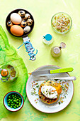 Cabbage and potato fritters with poached eggs and beansprouts