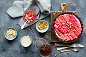 Vegan almond and chocolate tart with rhubarb