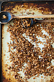 Roasted breadcrumbs on a baking tray