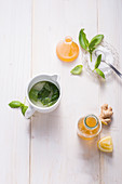 Ingredients for basil spritzer with ginger beer