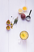 Ingredients for a passion fruit mocktail with thyme