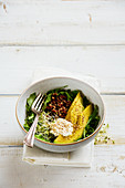 A lunch bowl with quinoa, avocado, ricotta, rocket and beansprouts
