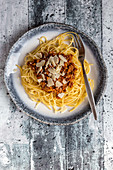 Spaghetti with vegetarian bolognese and shaved Parmesan