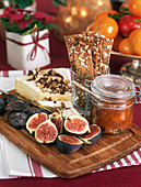 Cheese, figs, figmarmelade, nuts and dates