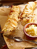 Liver sausage and apple strudel with horseradish
