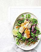 Grilled fish skewers with asian quinoa salad