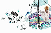 Fairy tale: A blonde woman wearing a long, white dress on an illustrated bed (The Princess & The Pea)