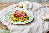 Roast beef with a pepper and sweetcorn salad