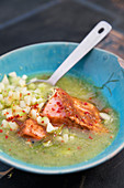 Cold cucumber soup with tandoori salmon