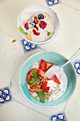 Tofu cream with berries, and quinoa cream with strawberries