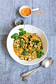 Colourful lentil and vegetable dahl with tofu croutons (low GL)