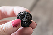 A woman holding a black truffle from Florence