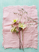 Blumen auf einem Tuch (Christrose, Statice und Waxflower)