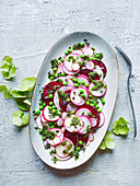 Beetroot salad with radishes, peas and pesto