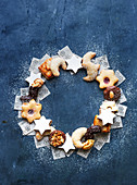 A Christmas wreath made from various biscuits