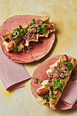 Gourmet hot dogs with Camembert, rocket and raspberry jam