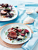 Black pepper beef with beets, horseradish and feta