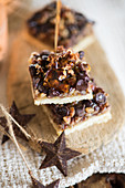 chocolate and nut slices with caramel
