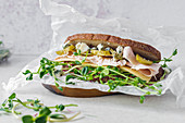 Turkey parstrami and micro greens sandwich on rye bread
