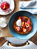 Grilled strawberry cake with white chocolate and rose