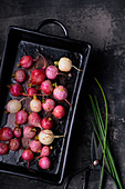 Roasted radishes in oventray