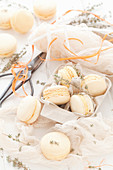 Orange macarons with thyme in a gift box
