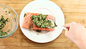 Salmon with a mustard crust being made