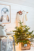 Small Christmas tree with fairy lights in wooden crate