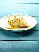 Asparagus tips with poached quail eggs and hollandaise