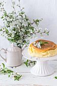 Cotton soft japanese cheesecake on a cake stand