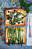 Puff pastry with asparagus, broccolini and three cheeses (top view)