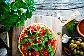 Fresh italian pizza on wood, cheese, salami and tomatoes