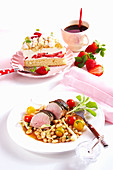A summer menu with pork fillet, strawberry cake and coffee
