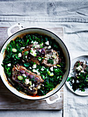 Roast lamb neck with kale, feta and dill
