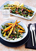Roasted heirloom carrots, cooked freekeh grain, roasted red onions, kale, parsley, dill, maple syrup and orange dressing with zatar