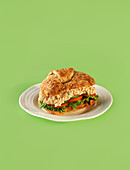 Croissant-Sandwich mit Thunfischsalat auf Teller vor grünem Hintergrund