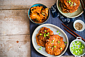 Korean pancakes with kimchi and spring onions