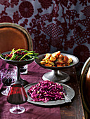 Marinated red cabbage slaw, the best roast potatoes and green bean with pomegranate