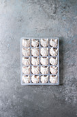 Frozen ready to cook asian potstickers dumplings stuffed by shrimps in plastic box