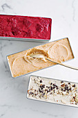 Three varieties of sugar-free ice cream in trays