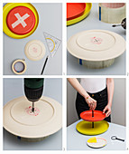 A cakestand being made from colourful plates