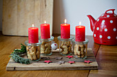Alternative Advent wreath made from candles on mason jars containing biscuit numbers 1-4