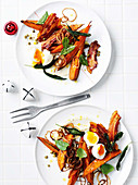 Sweet potato salad with sage, bacon and soft-boiled eggs