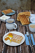 Belgium waffles with cream and apricots