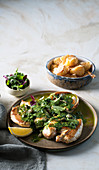 Seared chicken with herb salsa and parmesan roast potatoes