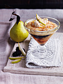 Trifle with pears, cream, blackberries and custard