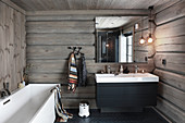 Modern bathroom in log cabin