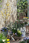 Terrace arrangement with rosemary and spring flowers in a basket