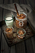 Breakfast oat granola with cocoa, chocolate and pecans