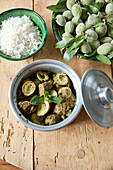 Khoresht-e Chaghale Badoom (beef stew with green almonds in verjus mint sauce, Persia)